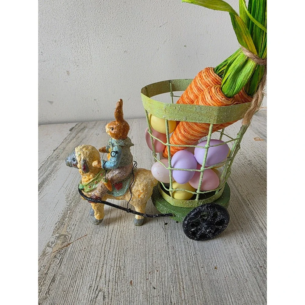 Vintage Easter Bunny cart jointed glitter crackle statue figurine rabbit
